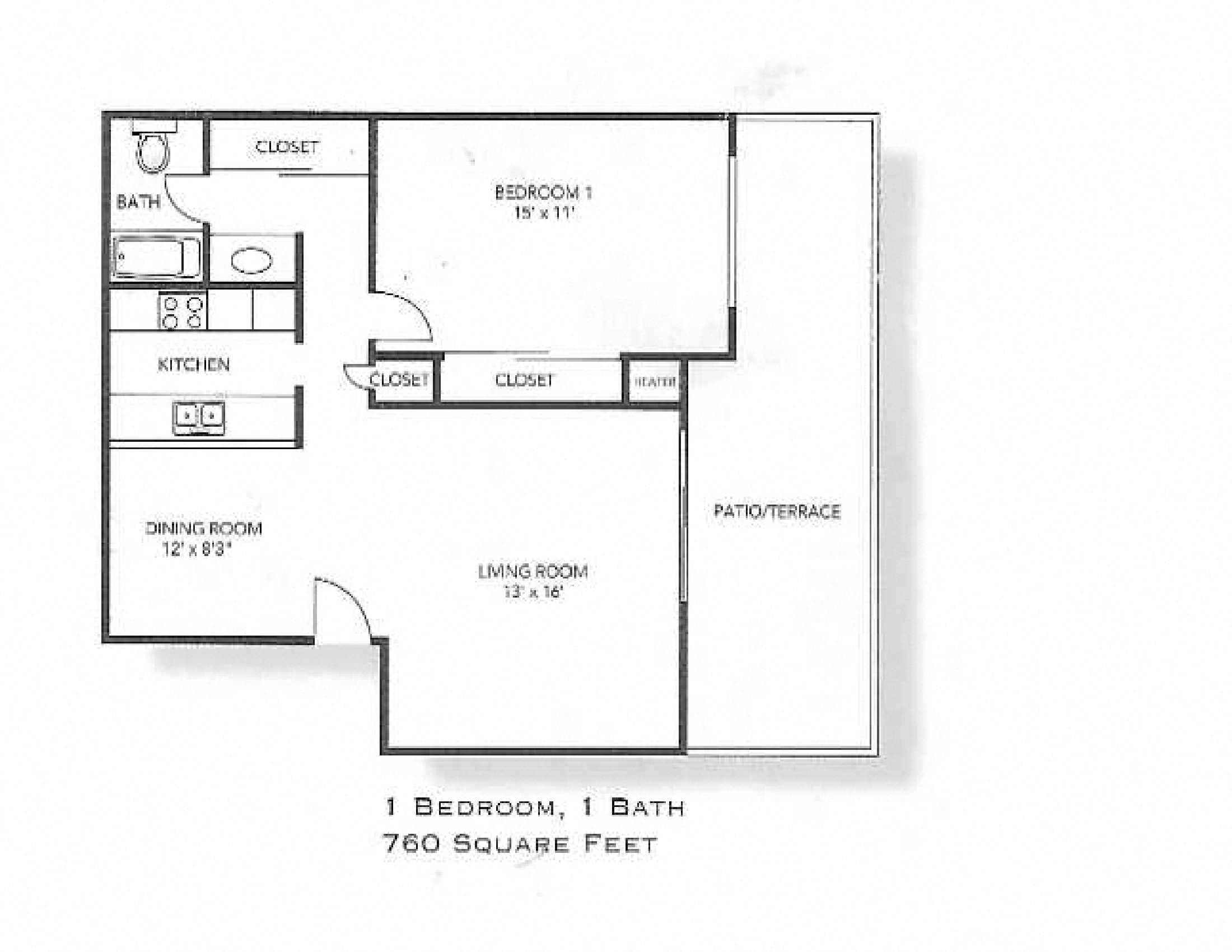 Floor plan for 1 bed, 1 bath, 760 sqft